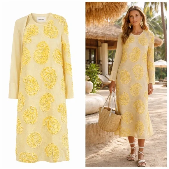 Jil Sander Yellow Embroidered Paisley Kaftan Midi Dress Cotton Sheer IT36 US 2 - Picture 1 of 15